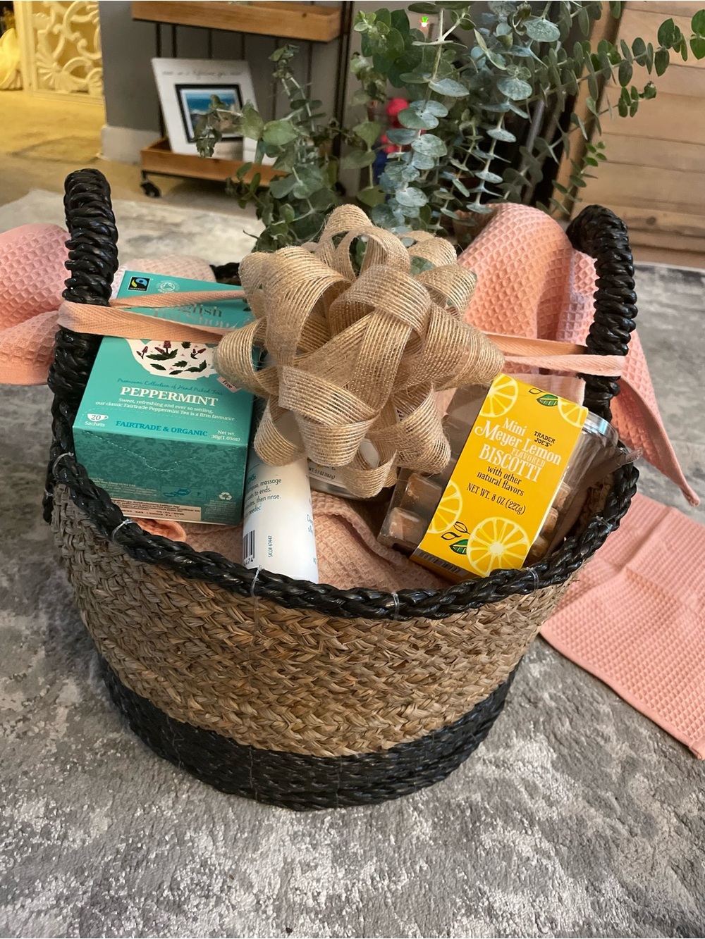Woven Seagrass Basket with Black Trim - Natural & Black